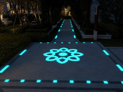 Self-luminous glowing cobblestone landscape path